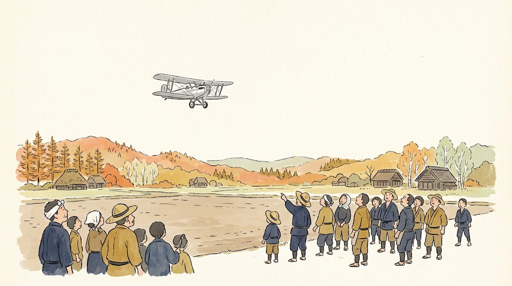 1926年の秋、原っぱの上を飛ぶ複葉機を、村の人たちが見上げているイラスト