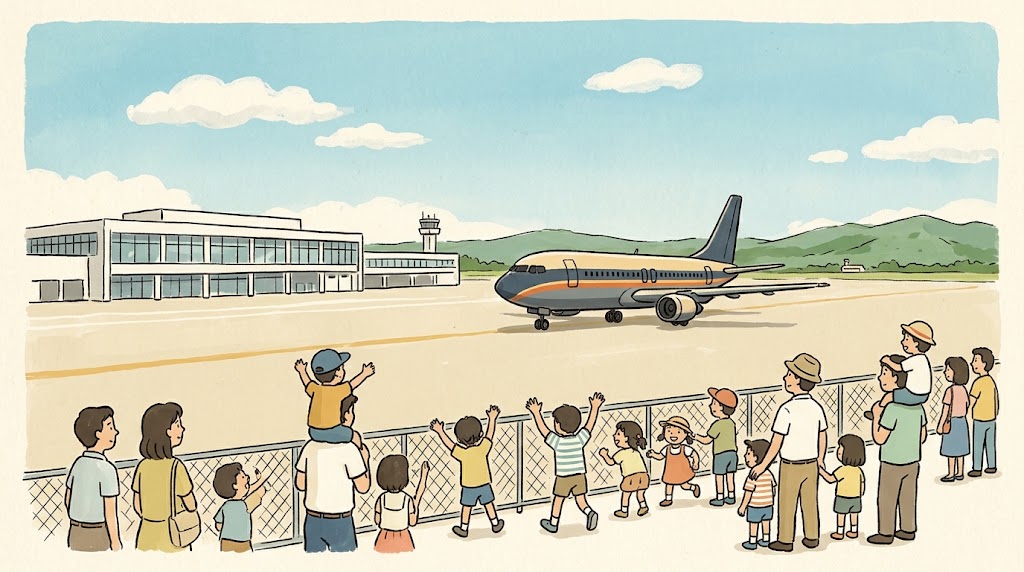 フェンスの前で、走るジェット旅客機に手を振る家族連れのイラスト