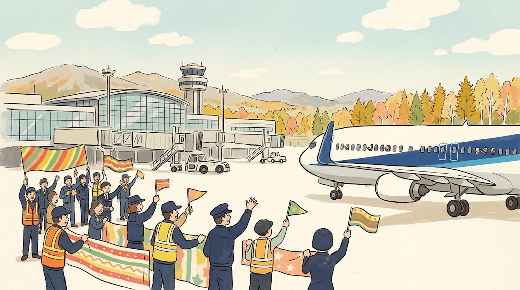 出発する旅客機を、横断幕と旗で見送る空港の人たちのイラスト